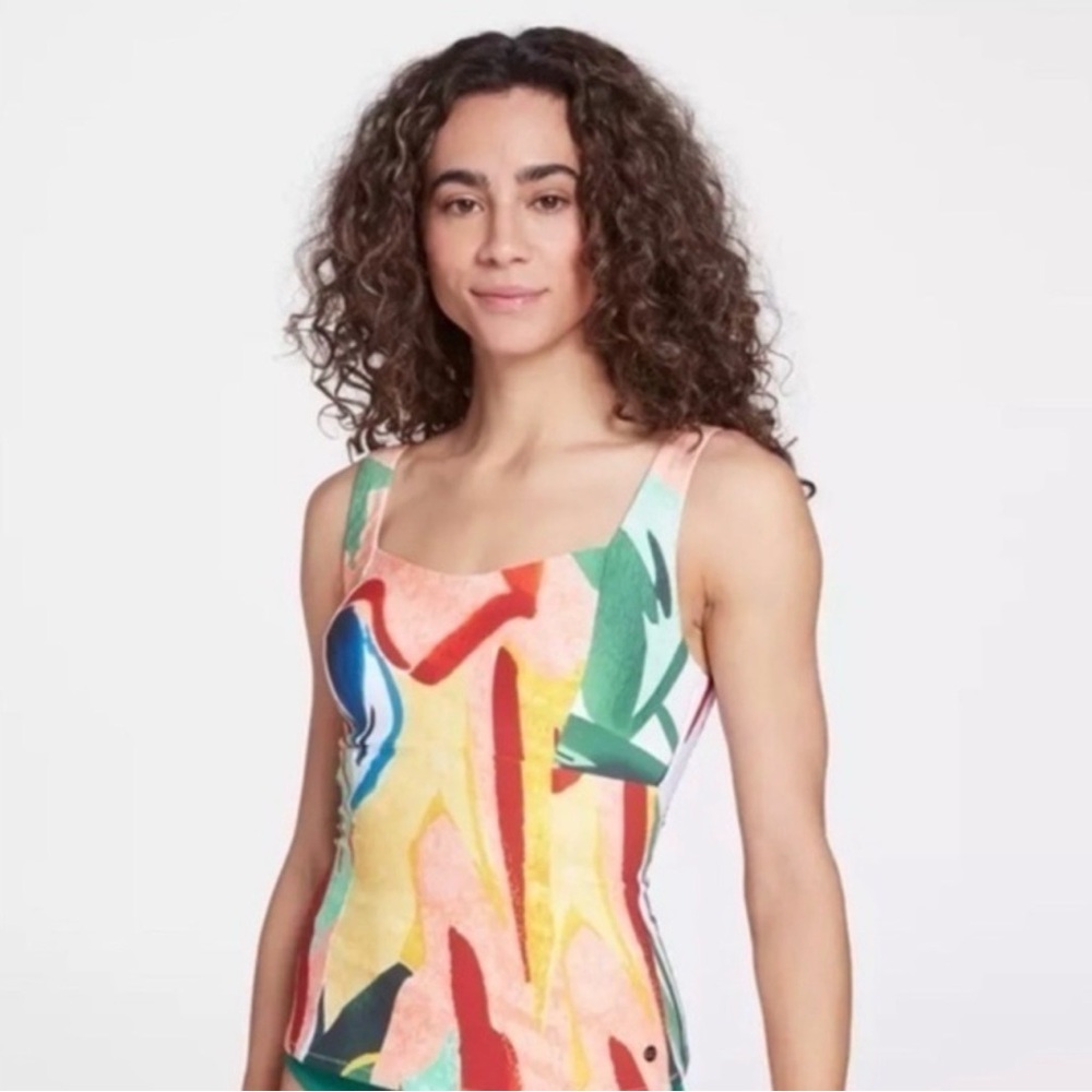CALIA Power Sculpt Tankini Swim Top Painterly Floral Multi Color Top Large NWT